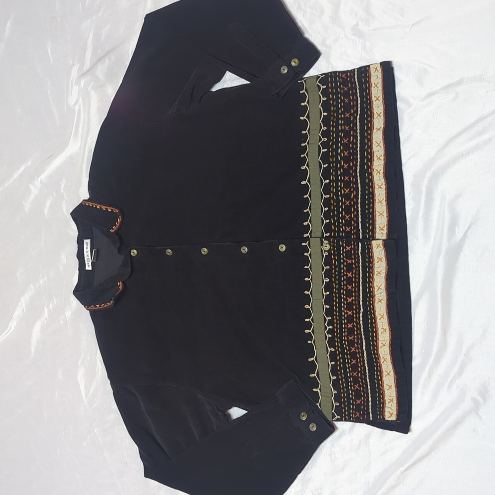 Embroidered Boho Black Corduroy Button Front Lightweight Fall Jacket Shacket